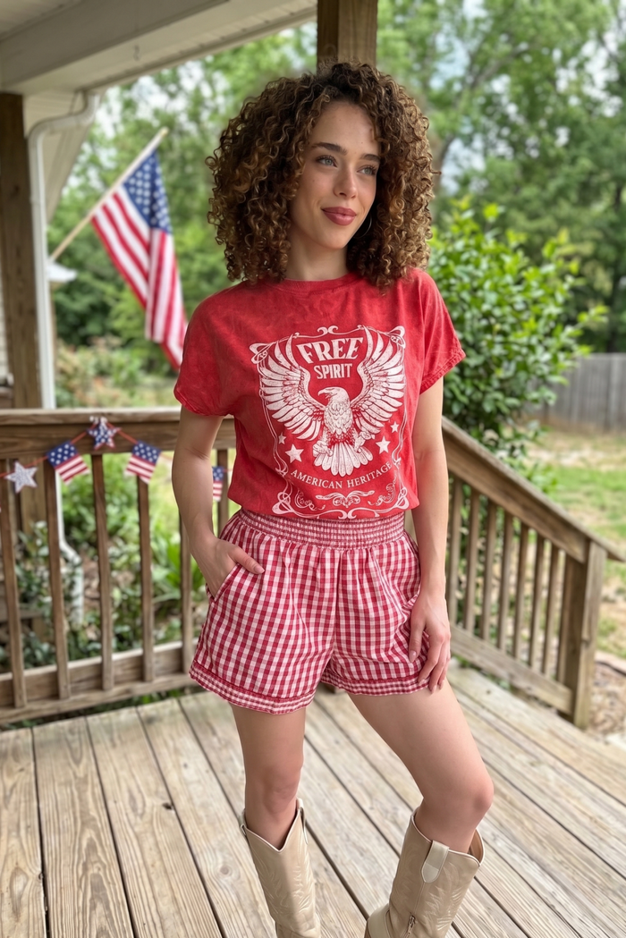 red gingham shorts, lightweight Americana summer shorts with elastic waist, perfect for 4th of July outfits and casual country style