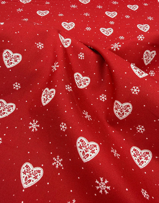 Red Hearts & Snowflakes Scandinavian Christmas Cotton Fabric