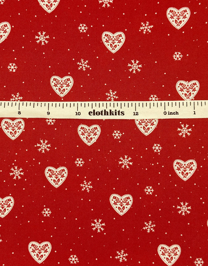 Red Hearts & Snowflakes Scandinavian Christmas Cotton Fabric