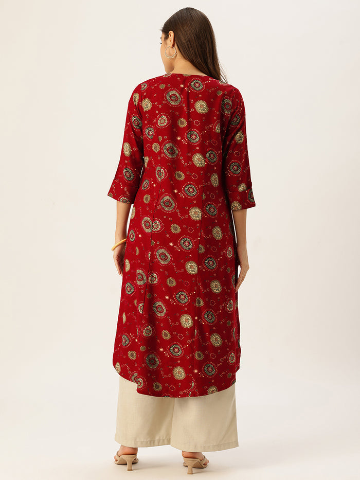 Red Printed A-Line Kurta