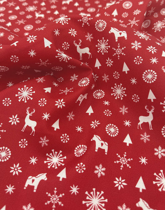 Red Reindeer & Trees Scandinavian Christmas Cotton Fabric