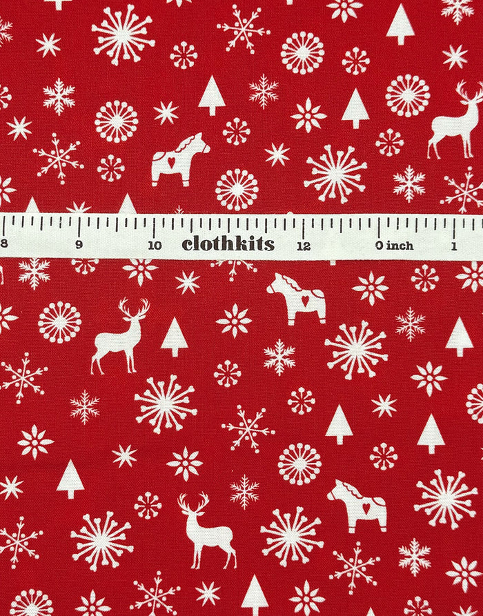 Red Reindeer & Trees Scandinavian Christmas Cotton Fabric