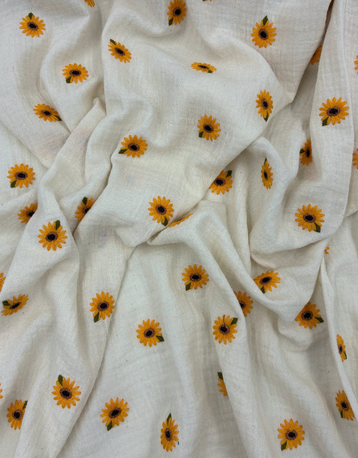 Remnant 1.45m - Sunflower Sprinkle Embroidered Double Gauze Cotton Fabric