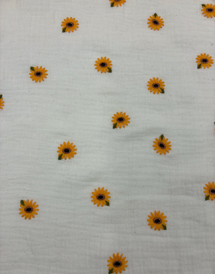 Remnant 1.45m - Sunflower Sprinkle Embroidered Double Gauze Cotton Fabric
