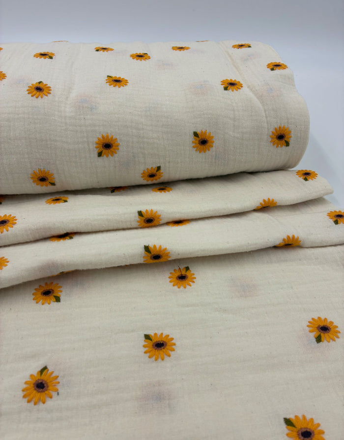 Remnant 1.45m - Sunflower Sprinkle Embroidered Double Gauze Cotton Fabric