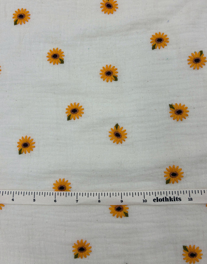 Remnant 1.45m - Sunflower Sprinkle Embroidered Double Gauze Cotton Fabric