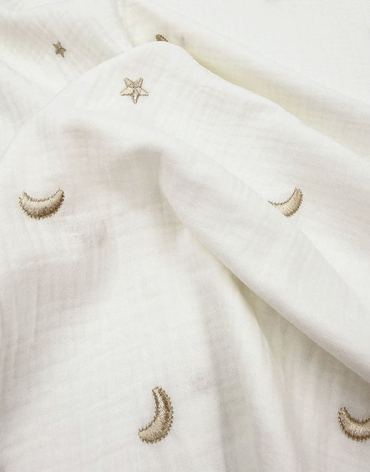 Remnant 1m - White Moonlight Embroidered Cotton Double Gauze Fabric