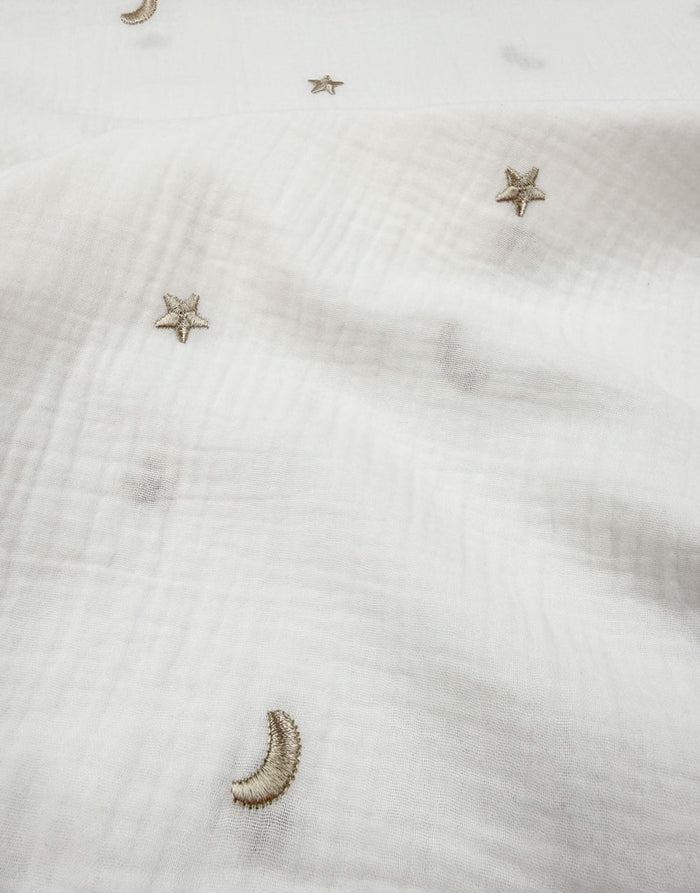 Remnant 1m - White Moonlight Embroidered Cotton Double Gauze Fabric
