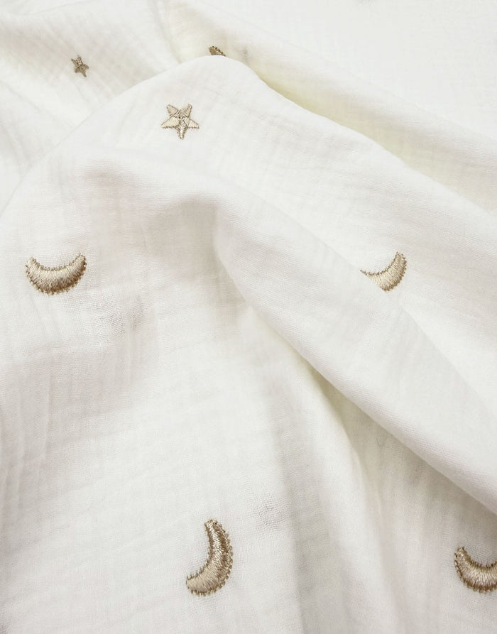 Remnant 30cm - White Moonlight Embroidered Cotton Double Gauze Fabric
