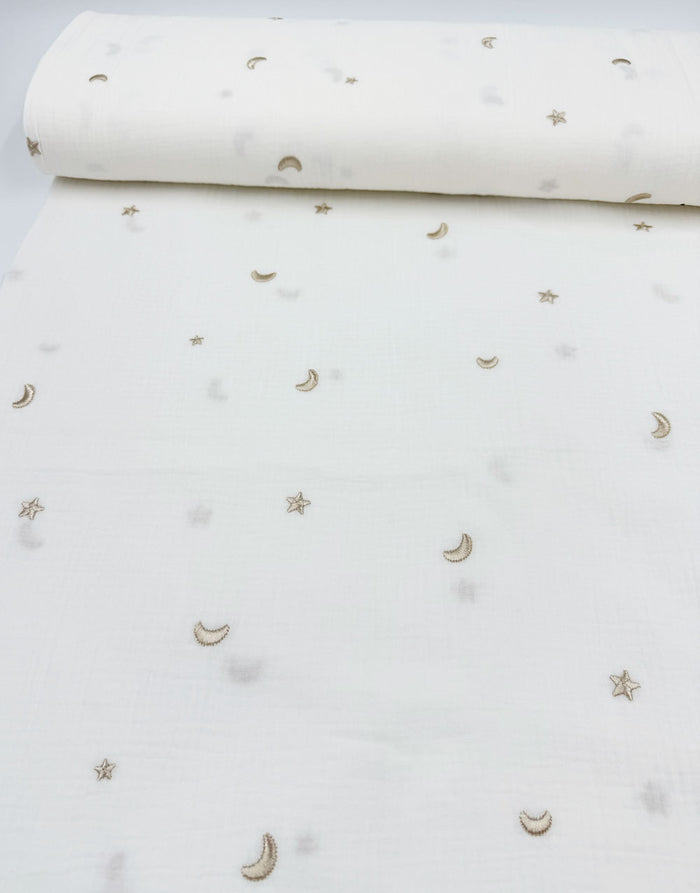 Remnant 30cm - White Moonlight Embroidered Cotton Double Gauze Fabric