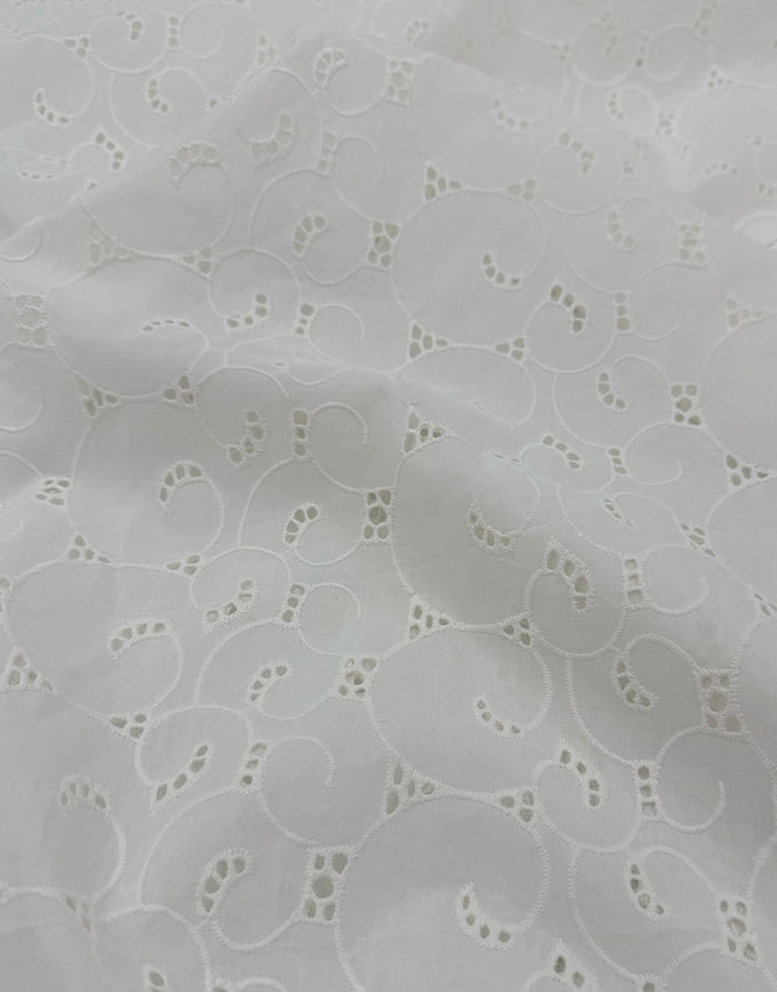 Remnant 50cm - White Swirl Embroidered Cotton Fabric