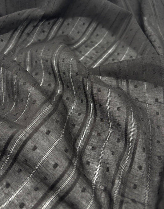 Remnant 85cm - Black Dobby Stripe Cotton Voile, Swiss Knot Fabric