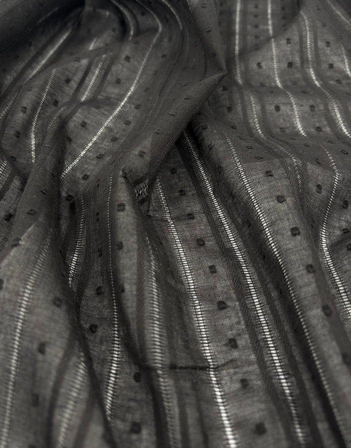 Remnant 85cm - Black Dobby Stripe Cotton Voile, Swiss Knot Fabric