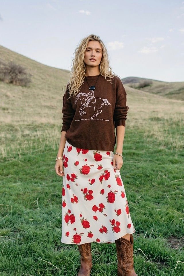 Brown long sleeve sweater with cowboy and horse embroidery