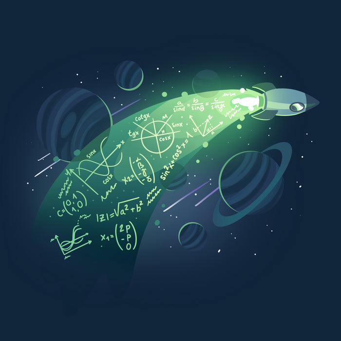 Premium Cotton T-shirt_TeeTurtle navy blue apparel featuring a rocket in space with physics equations in its trail.