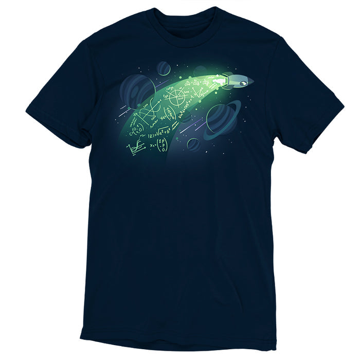 Premium Cotton T-shirt_TeeTurtle navy blue apparel featuring a rocket in space with physics equations in its trail.