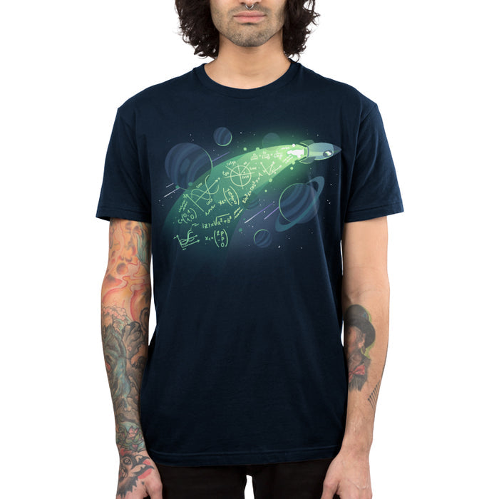 Premium Cotton T-shirt_TeeTurtle navy blue apparel featuring a rocket in space with physics equations in its trail.
