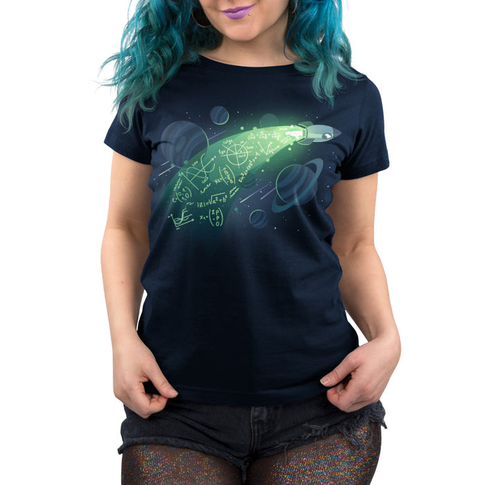 Premium Cotton T-shirt_TeeTurtle navy blue apparel featuring a rocket in space with physics equations in its trail.