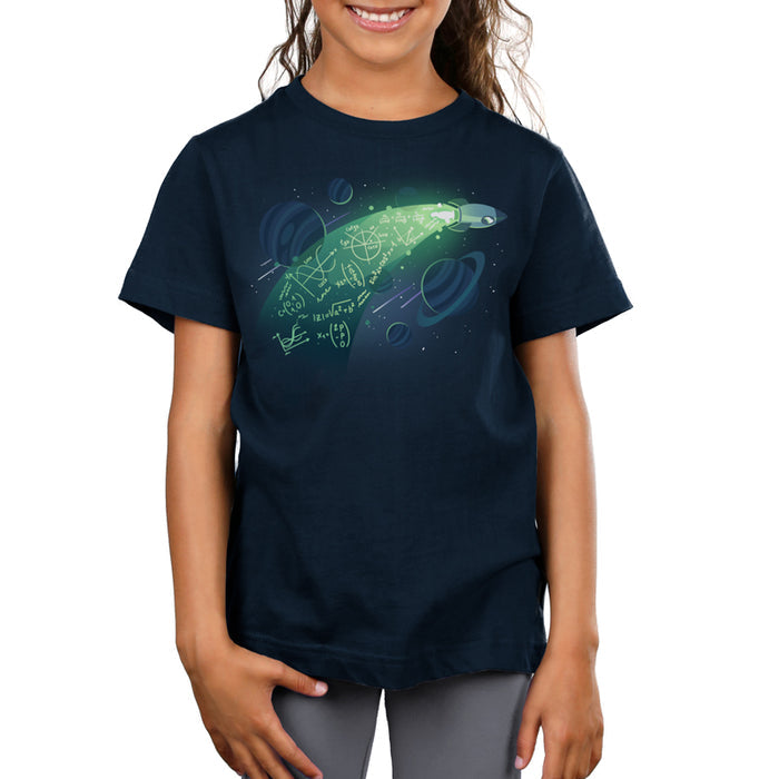 Premium Cotton T-shirt_TeeTurtle navy blue apparel featuring a rocket in space with physics equations in its trail.