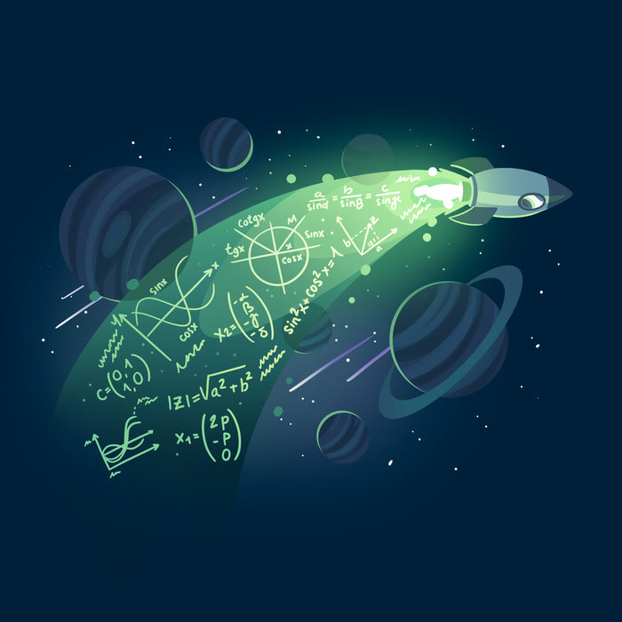 Classic Cotton T-shirt_TeeTurtle navy blue apparel featuring a rocket in space with physics equations in its trail.