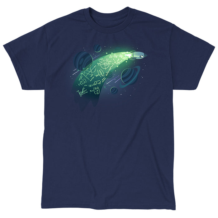 Classic Cotton T-shirt_TeeTurtle navy blue apparel featuring a rocket in space with physics equations in its trail.