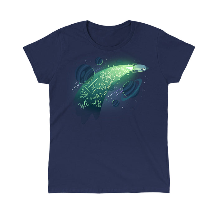 Classic Cotton T-shirt_TeeTurtle navy blue apparel featuring a rocket in space with physics equations in its trail.