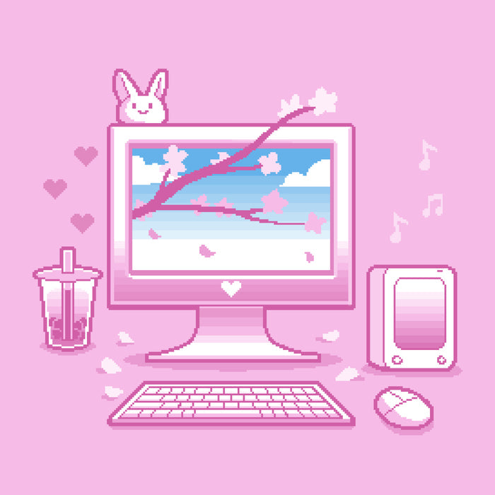 Premium Cotton T-shirt_TeeTurtle Sakura Setup light pink t-shirt featuring pixel art of a desktop computer setup in pink hues. The screen displays cherry blossoms and blue sky. A bubble tea, bunny, and musical notes adorn the scene. A keyboard and mouse are positioned below.