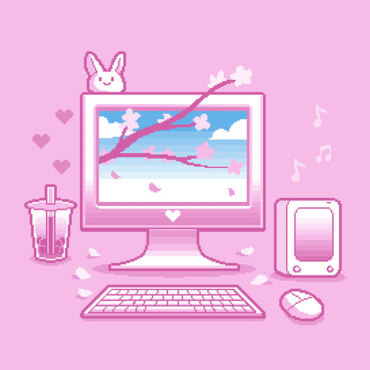 Premium Cotton T-shirt_TeeTurtle Sakura Setup light pink t-shirt featuring pixel art of a desktop computer setup in pink hues. The screen displays cherry blossoms and blue sky. A bubble tea, bunny, and musical notes adorn the scene. A keyboard and mouse are positioned below.