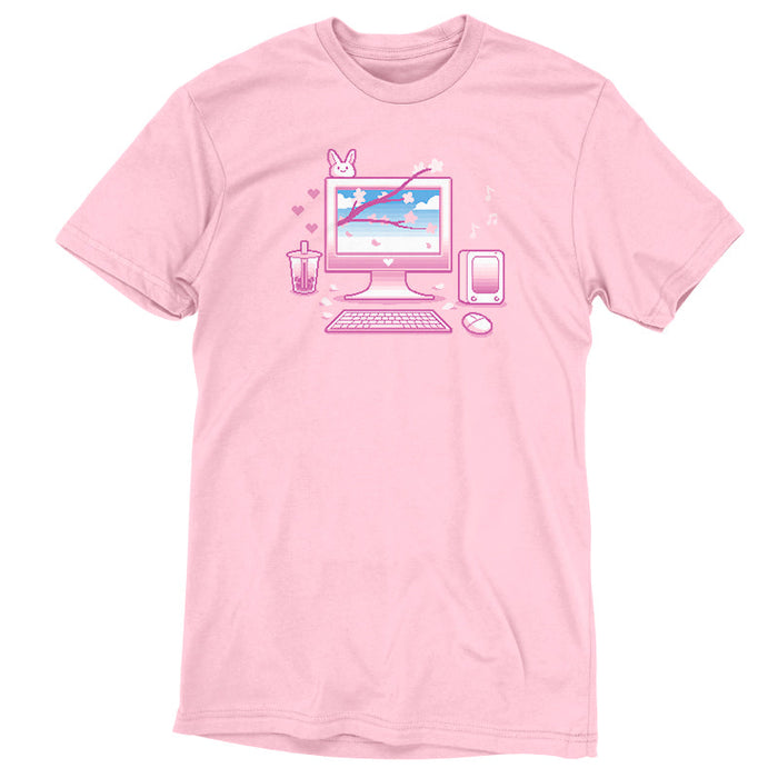 Premium Cotton T-shirt_TeeTurtle Sakura Setup light pink t-shirt featuring pixel art of a desktop computer setup in pink hues. The screen displays cherry blossoms and blue sky. A bubble tea, bunny, and musical notes adorn the scene. A keyboard and mouse are positioned below.