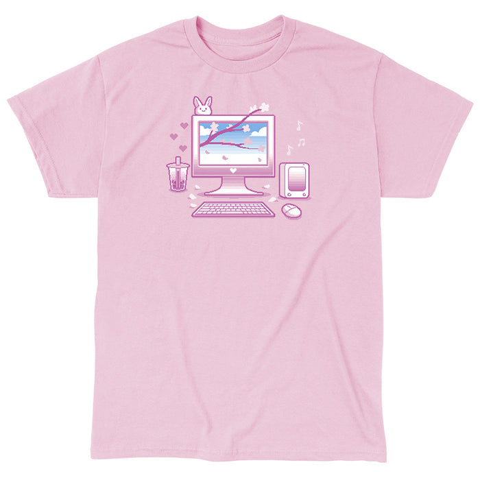 Classic Cotton T-shirt_TeeTurtle Sakura Setup light pink t-shirt featuring pixel art of a desktop computer setup in pink hues. The screen displays cherry blossoms and blue sky. A bubble tea, bunny, and musical notes adorn the scene. A keyboard and mouse are positioned below.