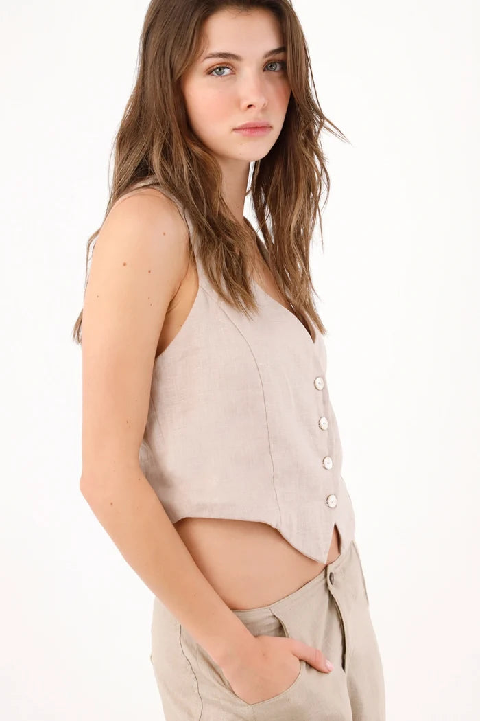 Sand Fitted Linen Vest for Women with Double Peak Hem