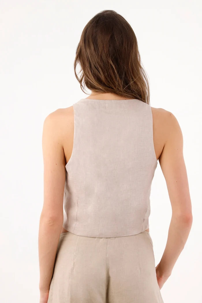 Sand Fitted Linen Vest for Women with Double Peak Hem