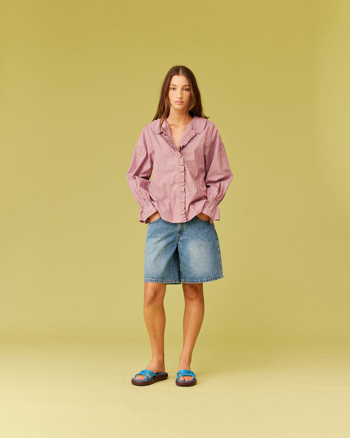 SANDLER RUFFLE SHIRT FIREWHIRL BLUE STRIPE