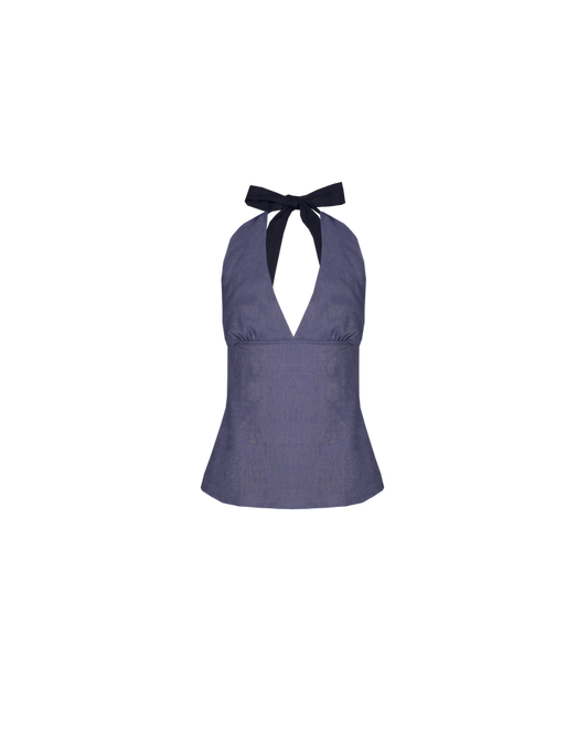 SASHA LINEN HALTER TOP NAVY