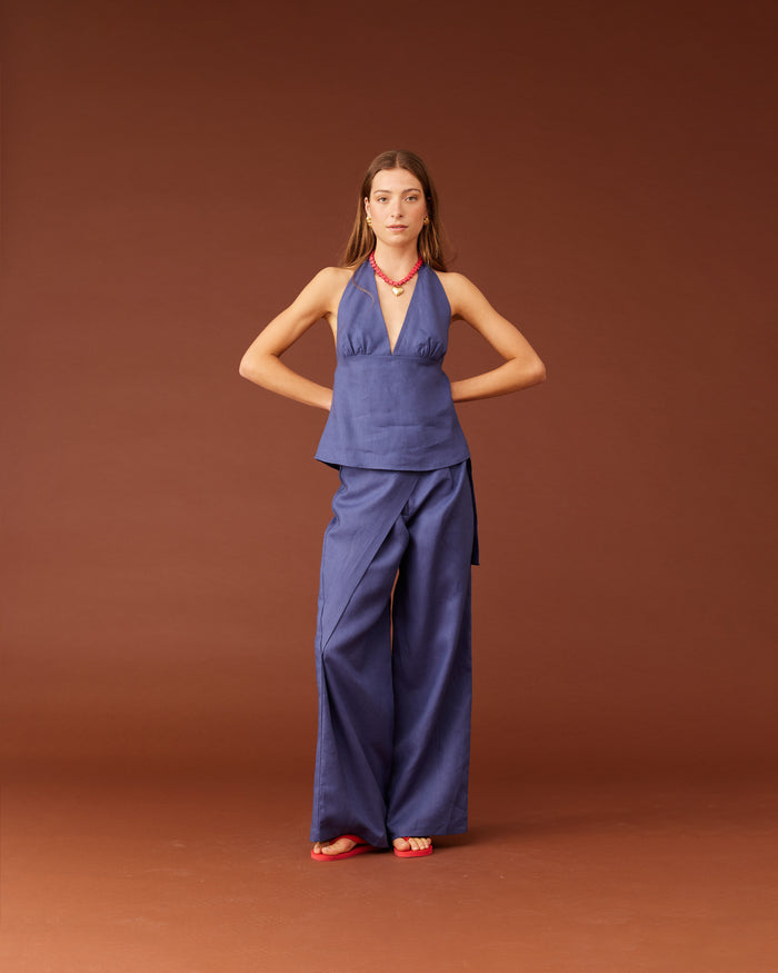 SASHA LINEN HALTER TOP NAVY