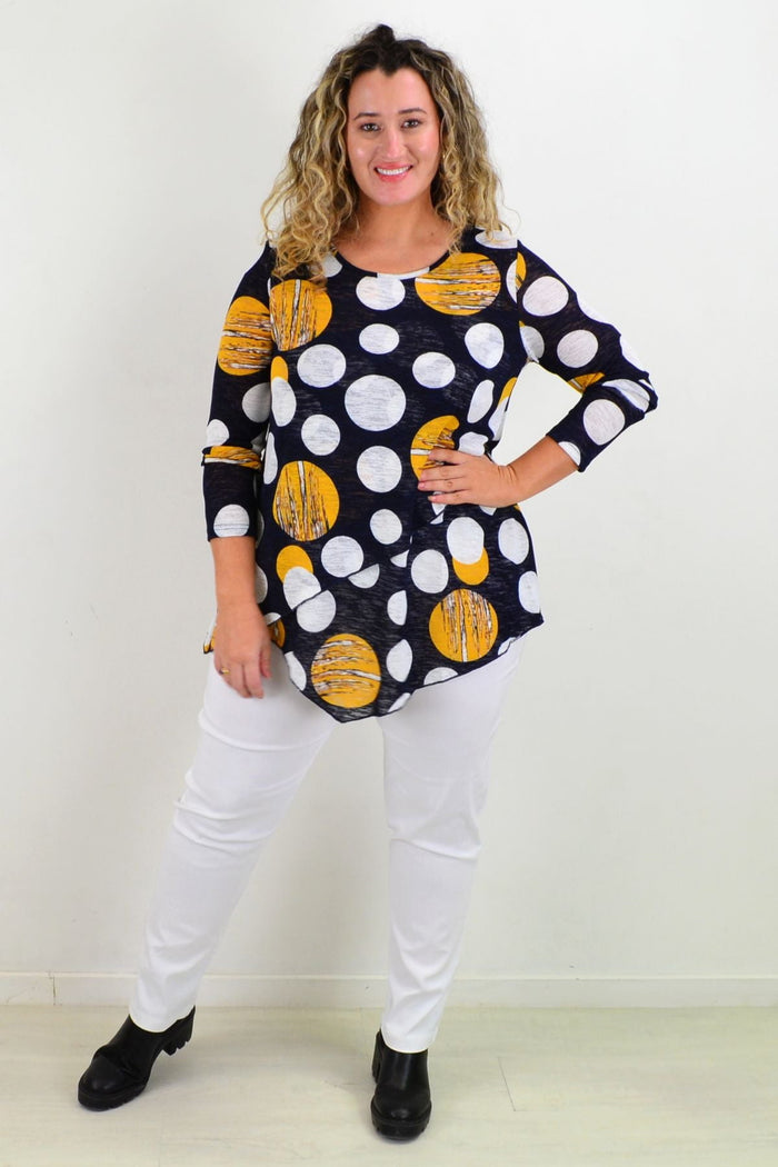 Caroline Morgan Saturn Spot Cross Over Swing Tunic Top featuring a relaxed fit and stylish pattern, perfect for casual wear.