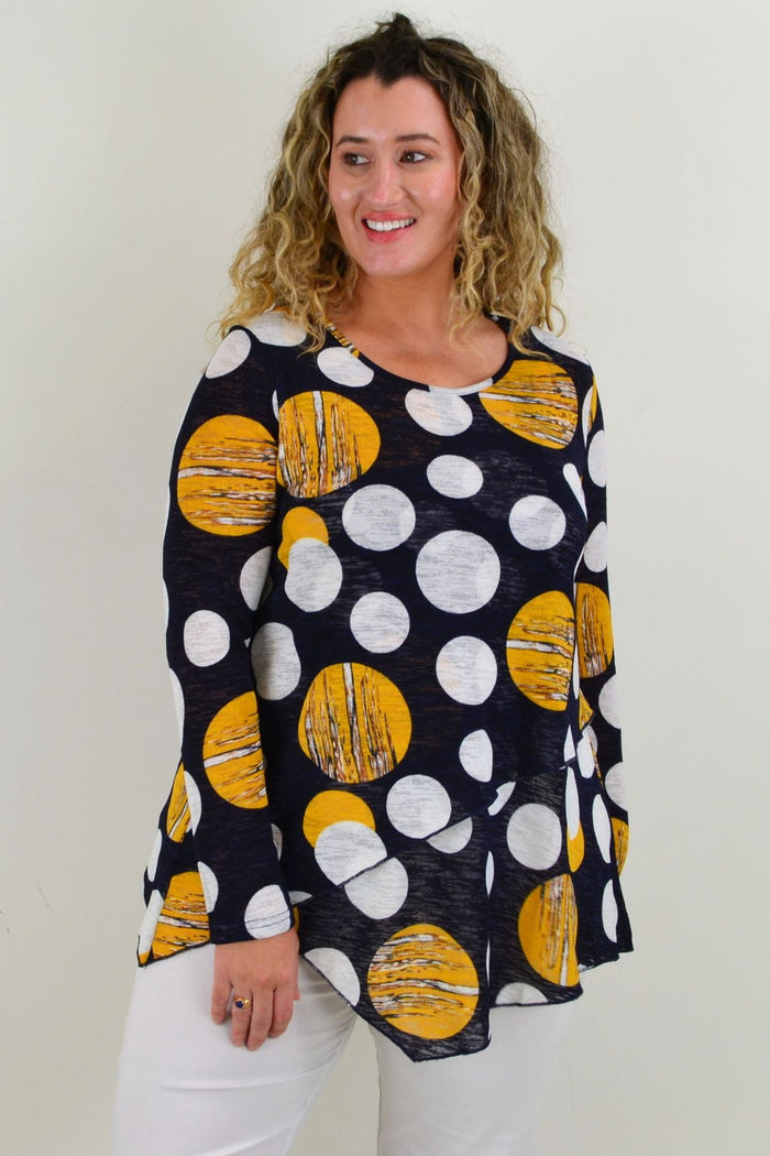 Caroline Morgan Saturn Spot Cross Over Swing Tunic Top featuring a relaxed fit, Saturn-inspired print, and stylish crossover design.