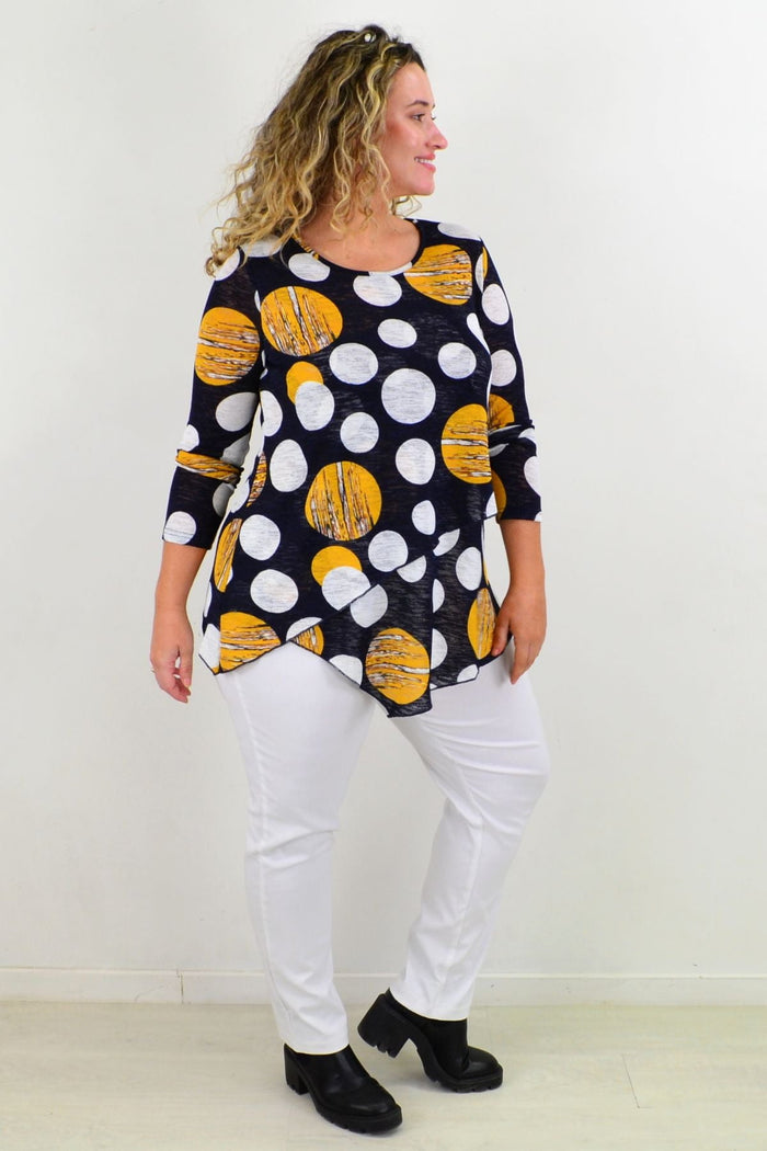 Caroline Morgan Saturn Spot cross over swing tunic top, lightweight fabric with a playful spot pattern and relaxed fit.