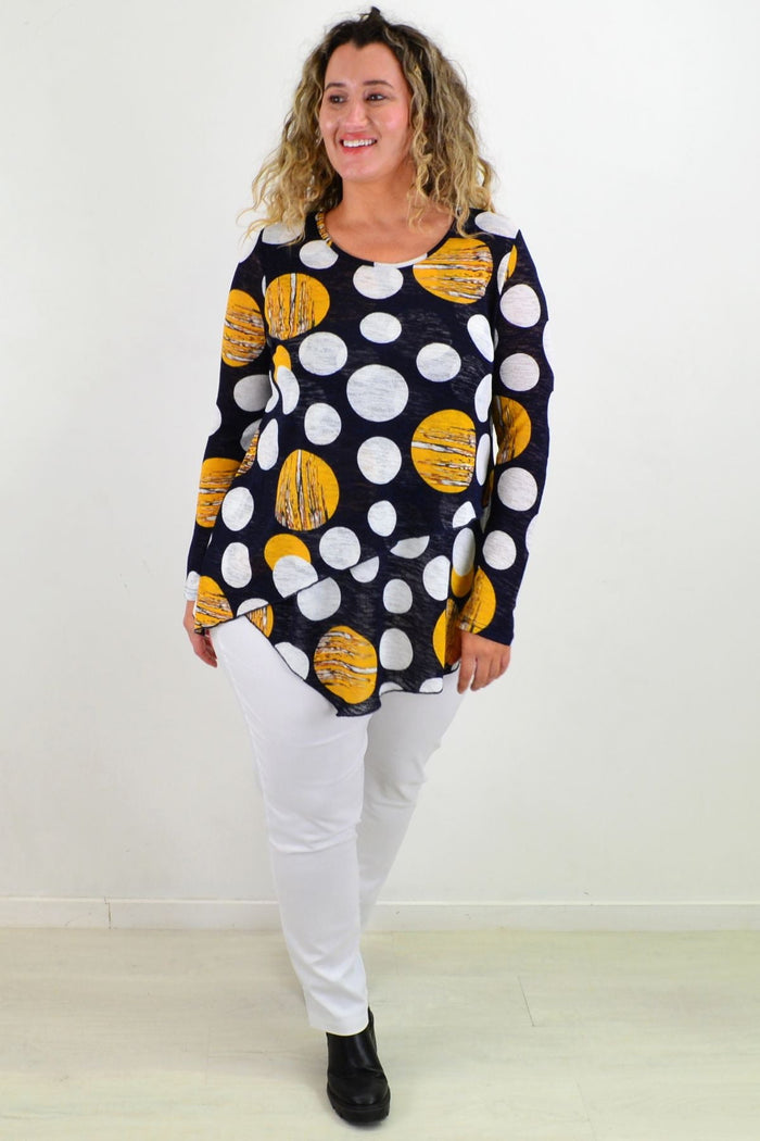 Caroline Morgan Saturn Spot Cross Over Swing Tunic Top featuring a relaxed fit, cross-over neckline, and stylish spot pattern.