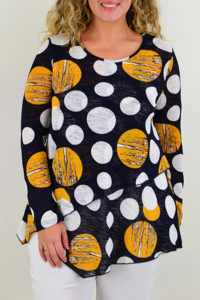 Caroline Morgan Saturn Spot Cross Over Swing Tunic Top featuring a stylish spotted pattern and relaxed fit, perfect for casual wear.