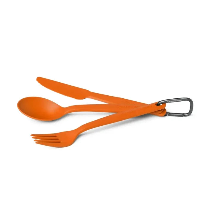 Sea To Summit Camp Cutlery Set in orange colour joined by a carabiner at the base and spread out on a white background