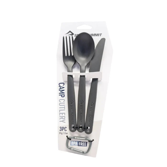 Sea To Summit Camp Cutlery Set in grey colour in its packaging shown from the front on a white background