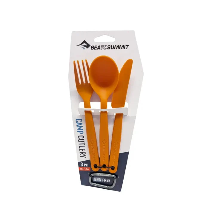 Sea To Summit Camp Cutlery Set in orange colour in its packaging shown from the front on a white background