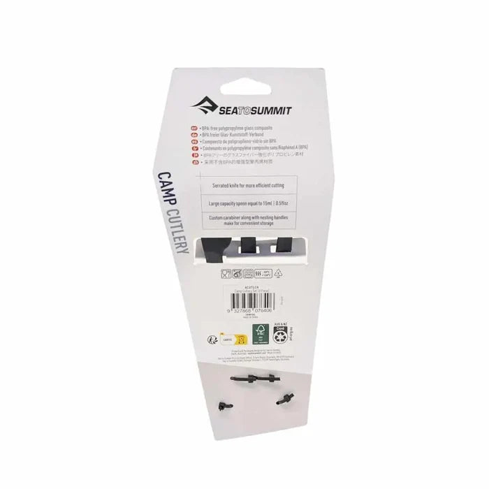 Sea To Summit Camp Cutlery Set in grey colour in its packaging shown from the reverse on a white background