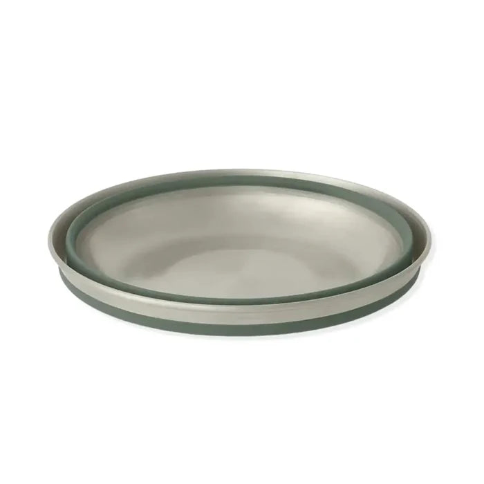 Fully collapsed Sea To Summit Detour Stainless Steel Collapsible Bowl in green colour