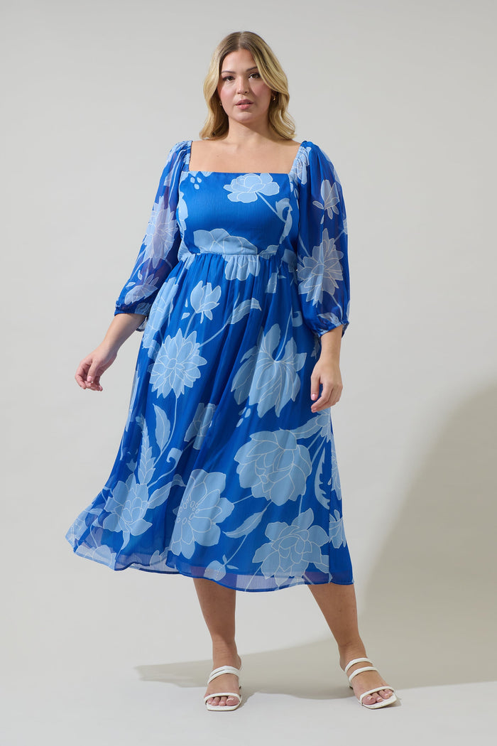 Seabloom Floral Amaretto Puff Sleeve Midi Dress Curve