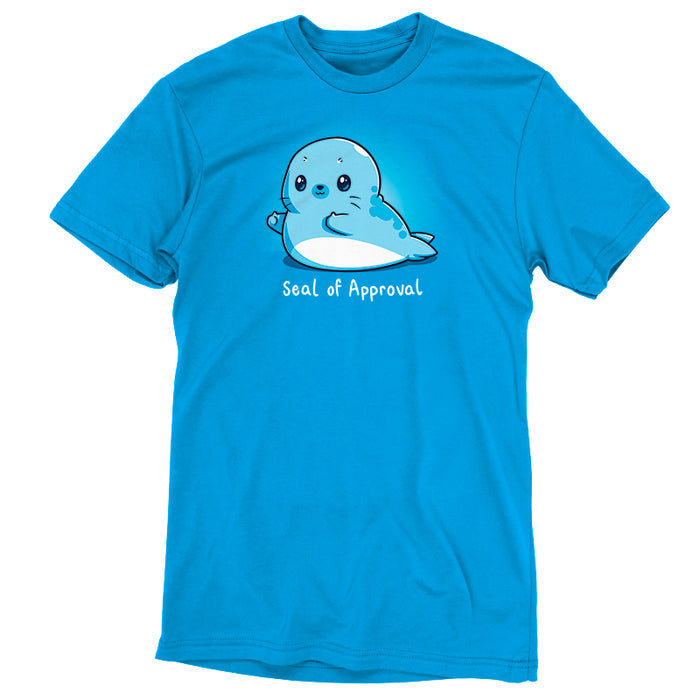 Premium Cotton T-shirt_TeeTurtle cobalt blue Seal of Approval apparel featuring a seal with two thumbs-up, caption reads "seal of approval".