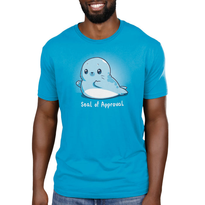 Premium Cotton T-shirt_TeeTurtle cobalt blue Seal of Approval apparel featuring a seal with two thumbs-up, caption reads "seal of approval".