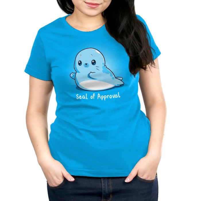 Premium Cotton T-shirt_TeeTurtle cobalt blue Seal of Approval apparel featuring a seal with two thumbs-up, caption reads "seal of approval".