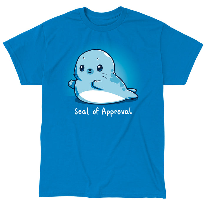Classic Cotton T-shirt_TeeTurtle sapphire blue Seal of Approval apparel featuring a seal with two thumbs-up, caption reads "seal of approval".